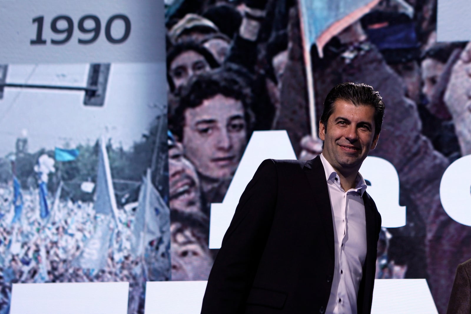 Kiril Petkov, leader of We Continue the Change party, is seen on the stage during his campaign, Oct. 20, 2024, in Sofia, as Bulgarians are called to cast ballots on Sunday, in the seventh general elections in just over three years. (AP Photo/Valentina Petrova)