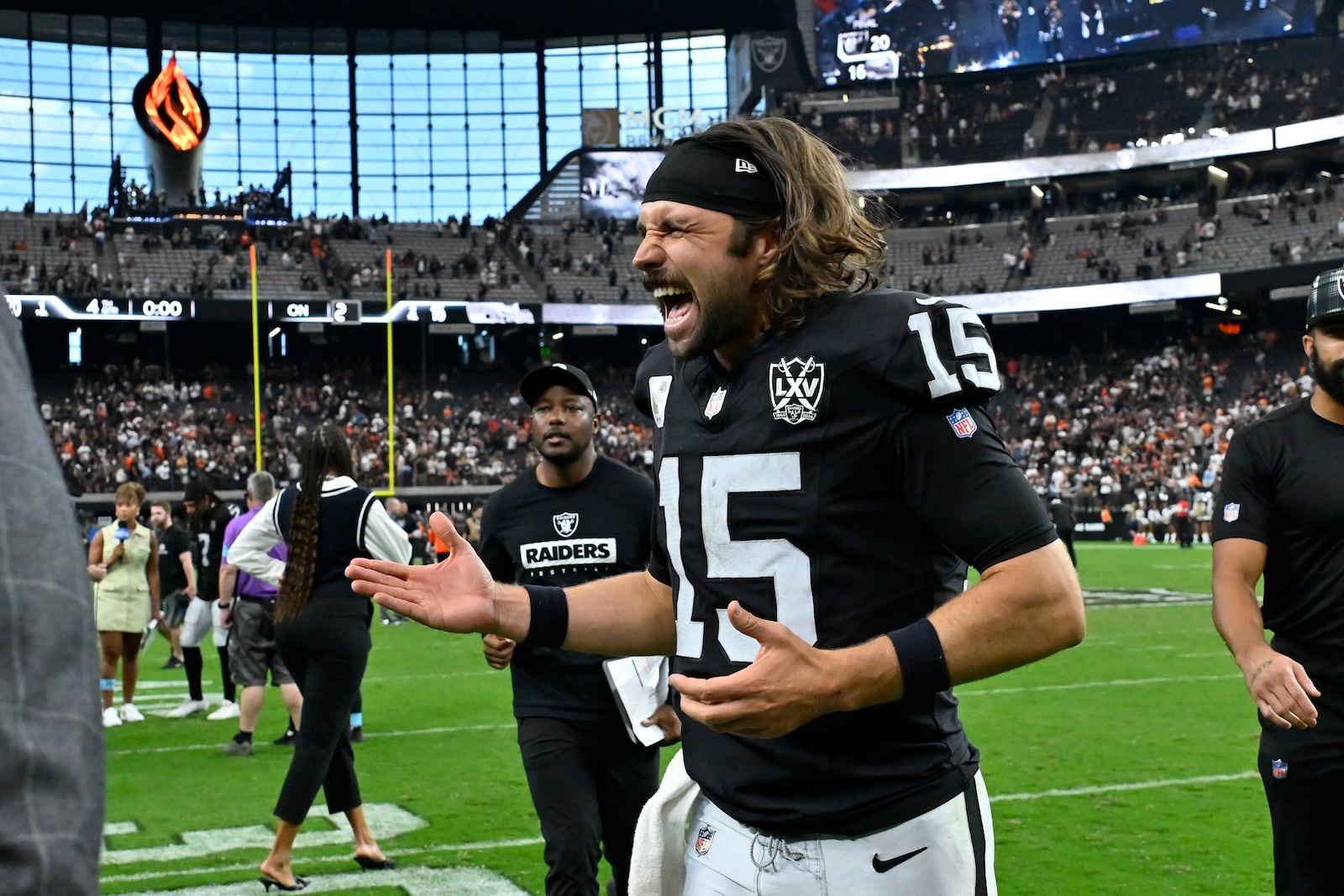 Las Vegas Raiders quarterback Gardner Minshew celebrates after the Raiders defeated the Cleveland Browns during in an NFL football game Sunday, Sept. 29, 2024, in Las Vegas. (AP Photo/David Becker)