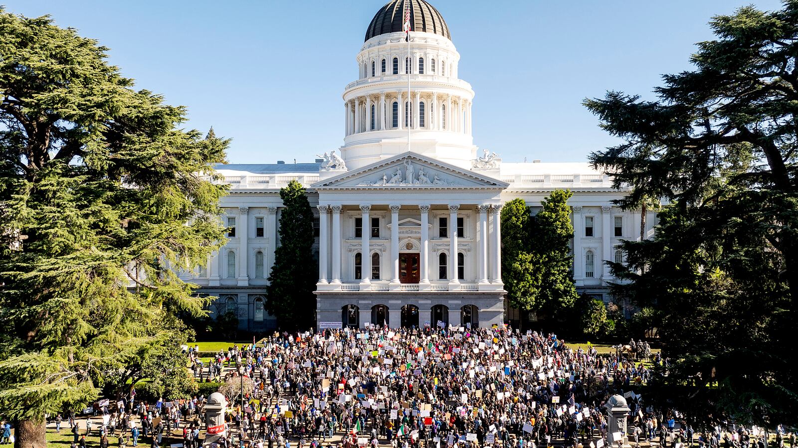 Several hundred demonstrators rally against President Donald Trump outside the California State Capitol on Wednesday, Feb. 5, 2025, in Sacramento, Calif. (AP Photo/Noah Berger)