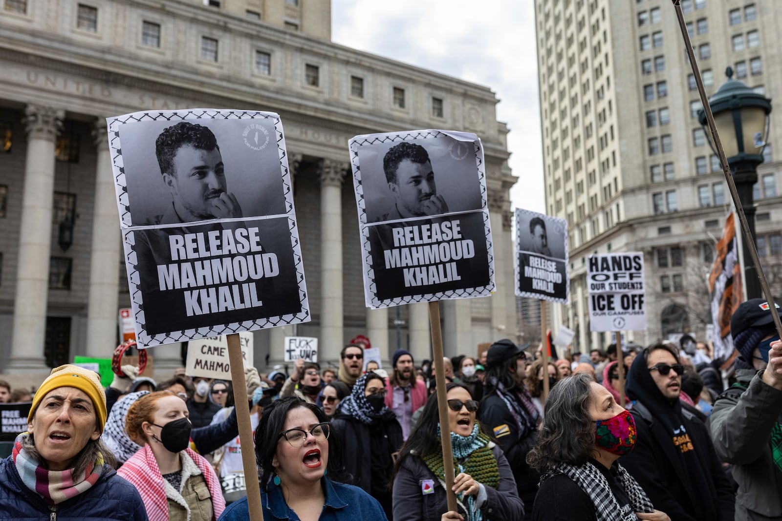 A crowd gathers in Foley Square, outside the Manhattan federal court, in support of Mahmoud Khalil, Wednesday, March 12, 2025, in New York. (AP Photo/Stefan Jeremiah)