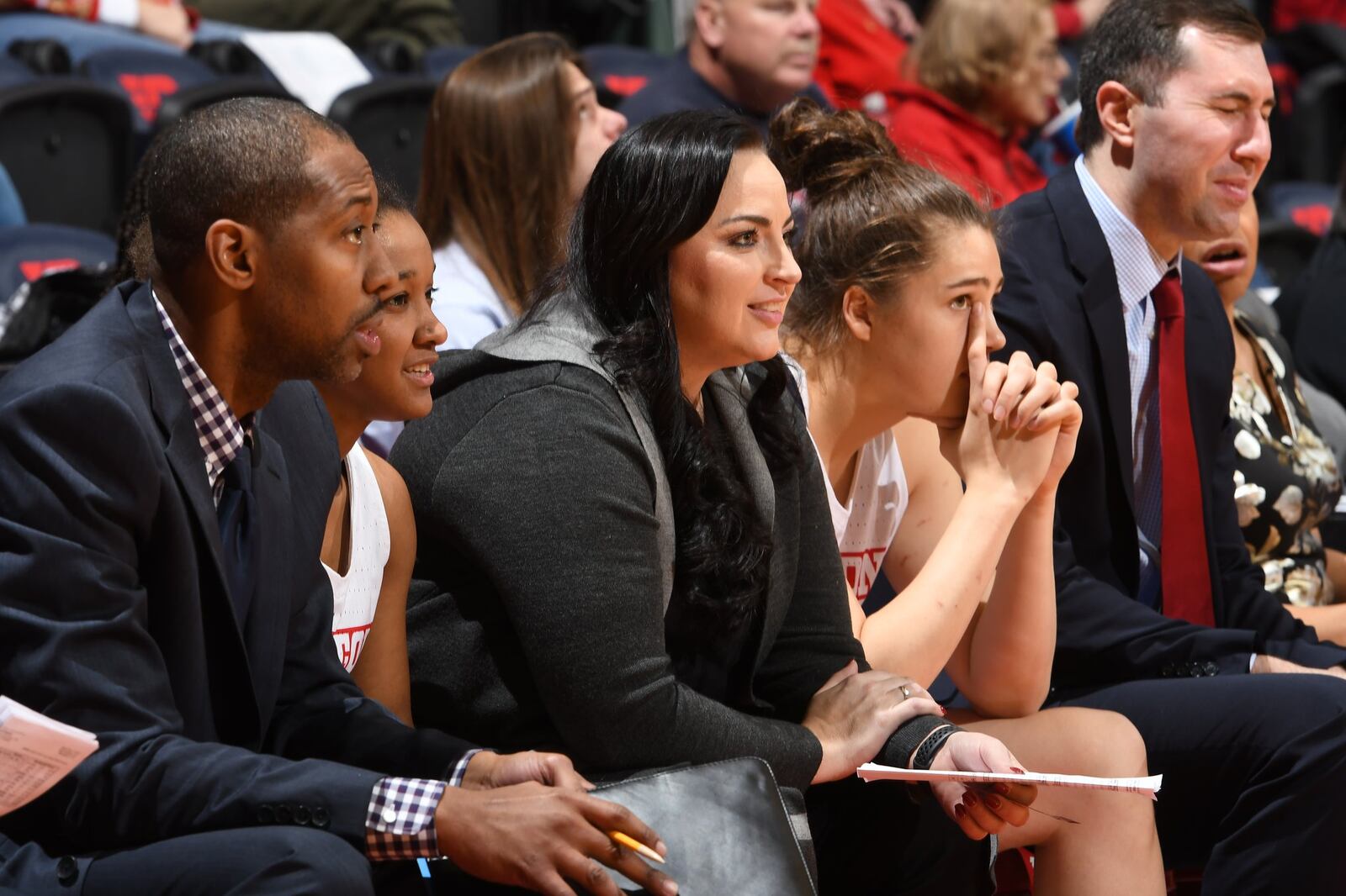 Dayton assistant coach Calamity McEntire during Friday afternoon’s game vs. Buffalo at UD Arena. Erik Schelkun/CONTRIBUTED