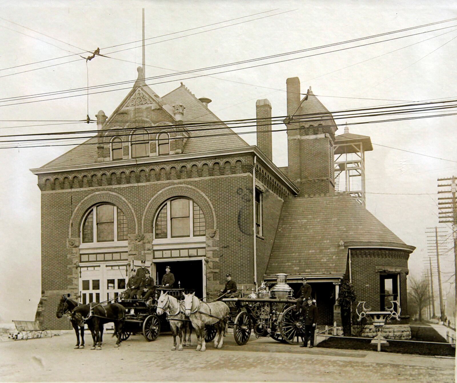 Firehouse No. 4, at the intersection of Main Street and Monument Avenue, was built in 1887. The city used horses to pull fire equipment until 1916. PHOTO: DAYTON FIRE DEPT.