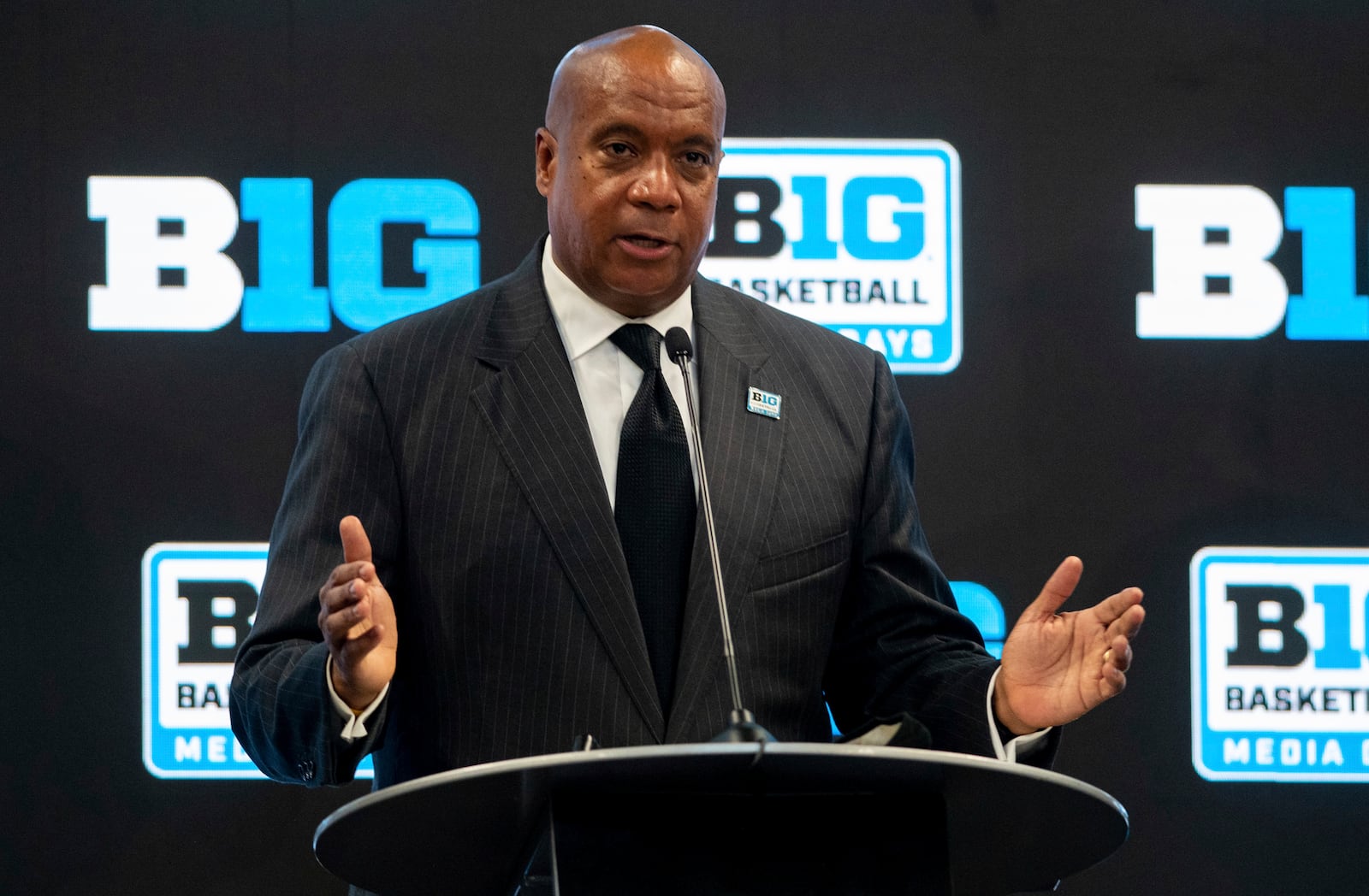 Kevin Warren, Big Ten Commissioner, welcomes members of the media during the first day of the Big Ten NCAA college basketball media days, Thursday, Oct. 7, 2021, in Indianapolis. (AP Photo/Doug McSchooler)