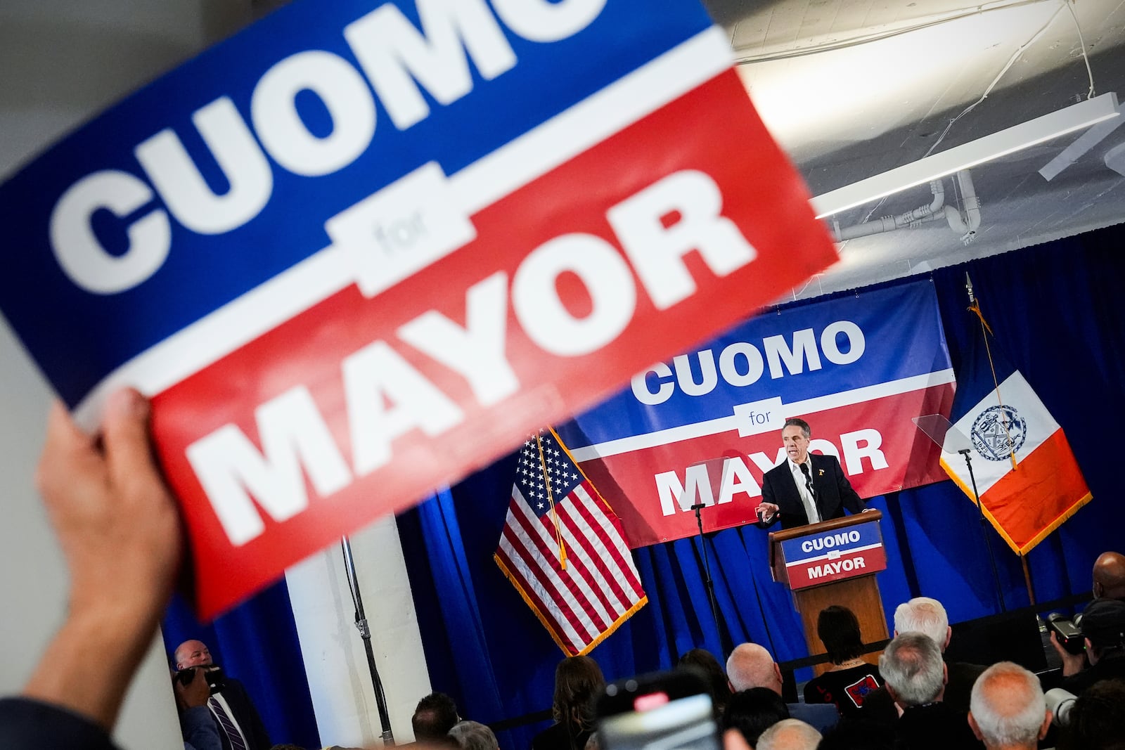 Former New York Gov. Andrew Cuomo speaks at the New York City District Council of Carpenters while campaigning for mayor of New York City, Sunday, March 2, 2025. (AP Photo/Julia Demaree Nikhinson)