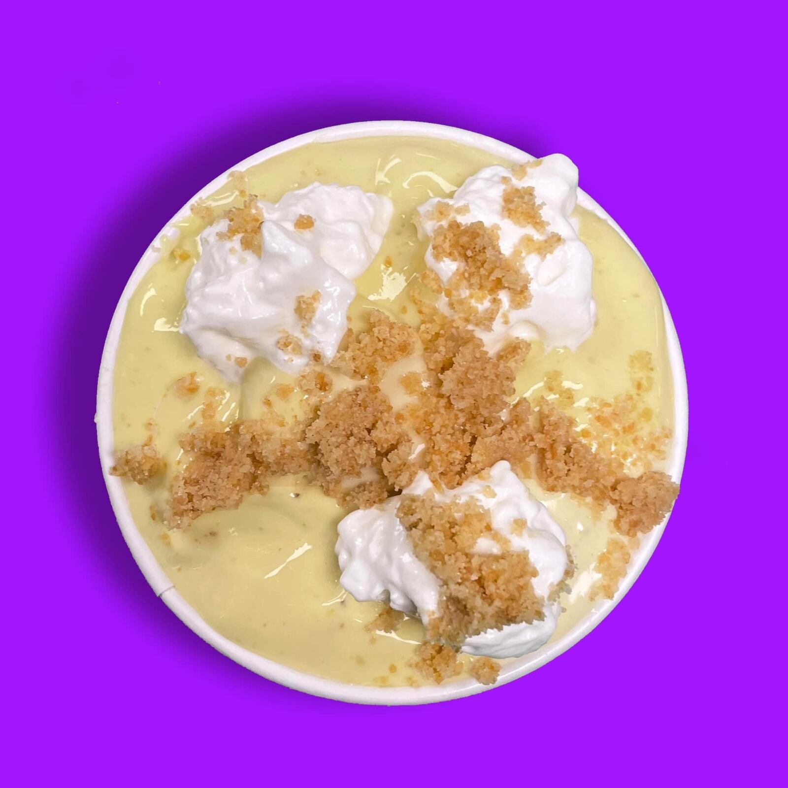 “Banana Pudding” features real banana ice cream with pools of whipped cream and house-made vanilla wafers.