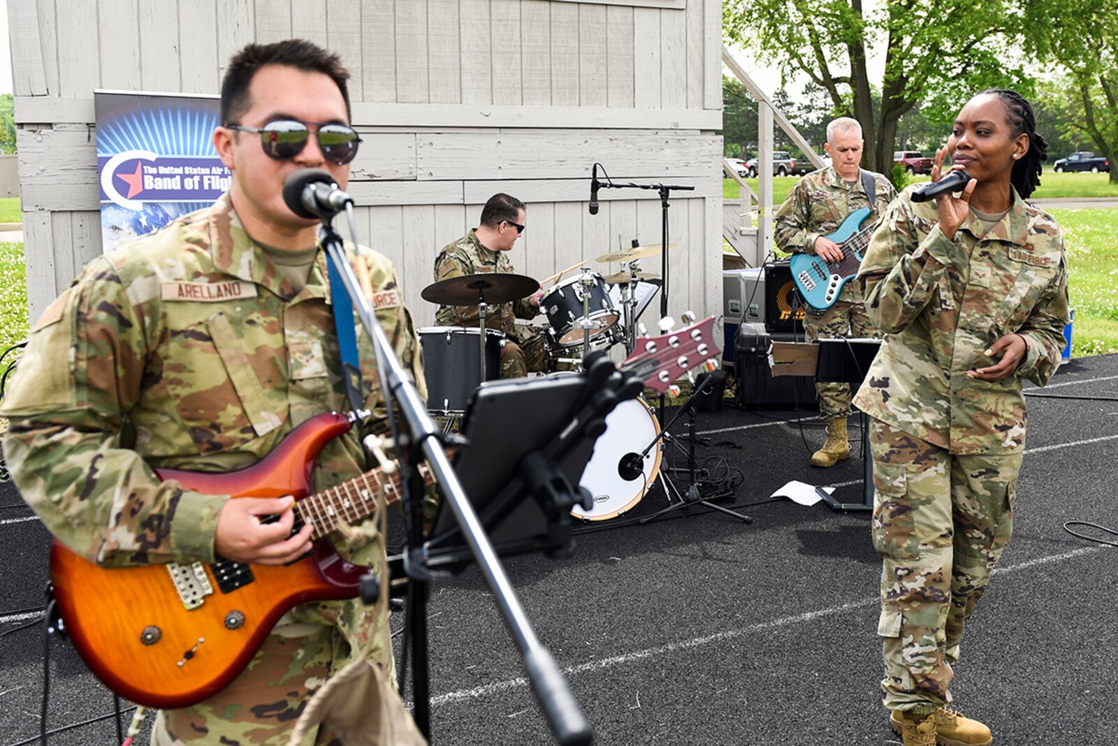 Members of the Air Force Band of Flight’s Flight One ensemble perform during the annual Fit Fest event May 27 at Wright-Patterson Air Force Base. Fit Fest attendees were able to get information about physical and mental health, as well as participate in competitions. U.S. AIR FORCE PHOTO/WESLEY FARNSWORTH