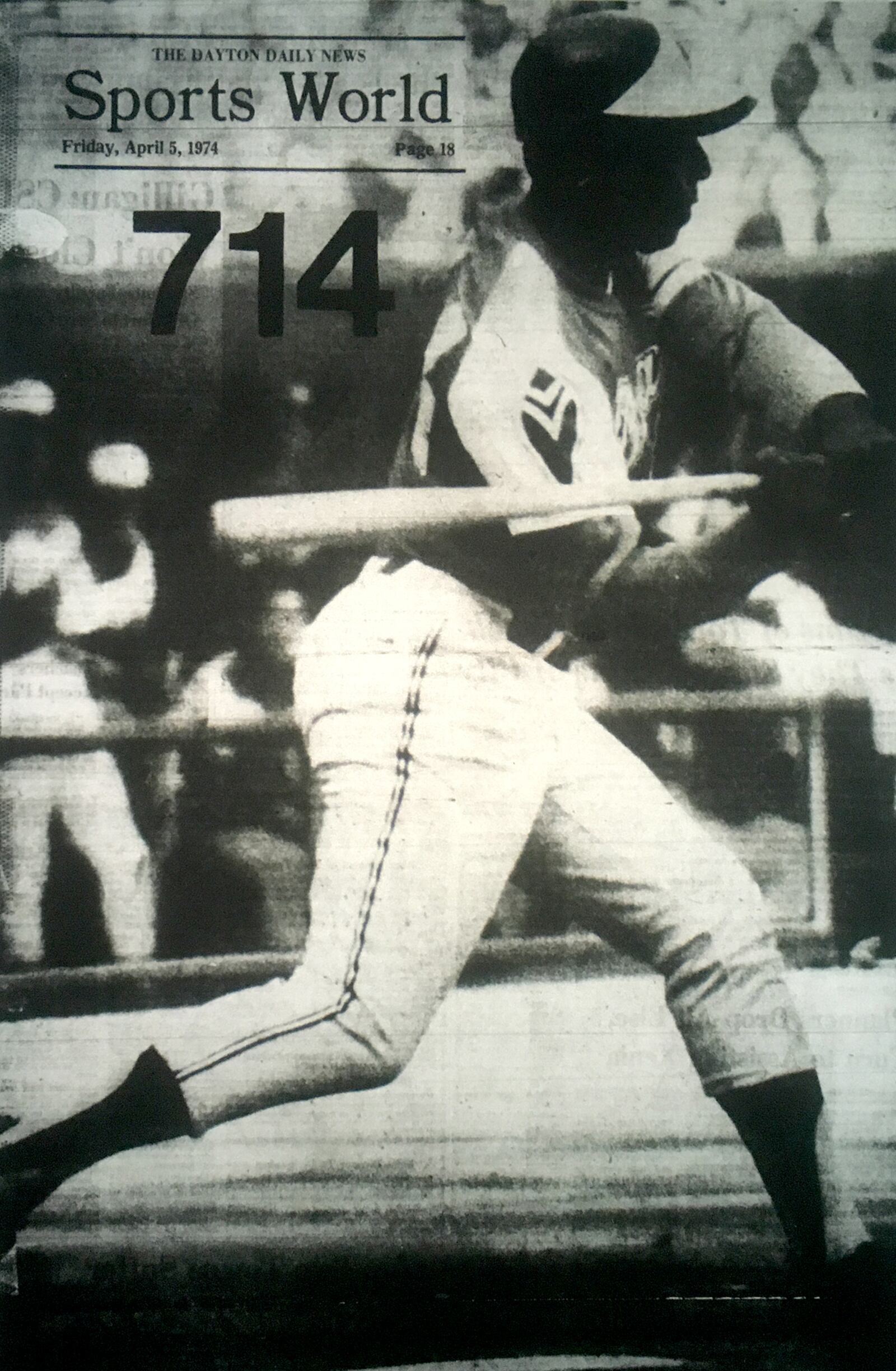 Atlanta’s Hank Aaron hit the 714th home run of his major league life during the 1974 Opening Day game at Riverfront Stadium, tying him with Babe Ruth’s career record. DAYTON DAILY NEWS ARCHIVE