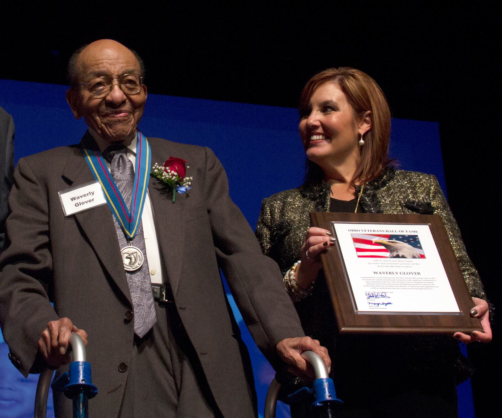 Waverly Glover (left) was inducted into the Ohio Veterans' Hall of Fame in 2015. He was forever grateful for his military experience because it not only gave him lasting memories but helped fund his college education. CONTRIBUTED