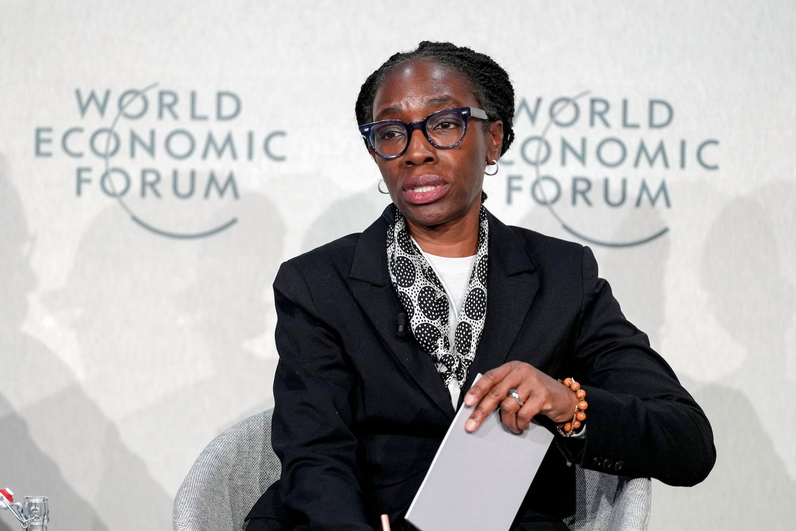 Comfort Ero, president and CEO of the Crisis Group speaks during a briefing on the humanitarian situation in Gaza at the Annual Meeting of World Economic Forum in Davos, Switzerland, Tuesday, Jan. 21, 2025. (AP Photo/Markus Schreiber)