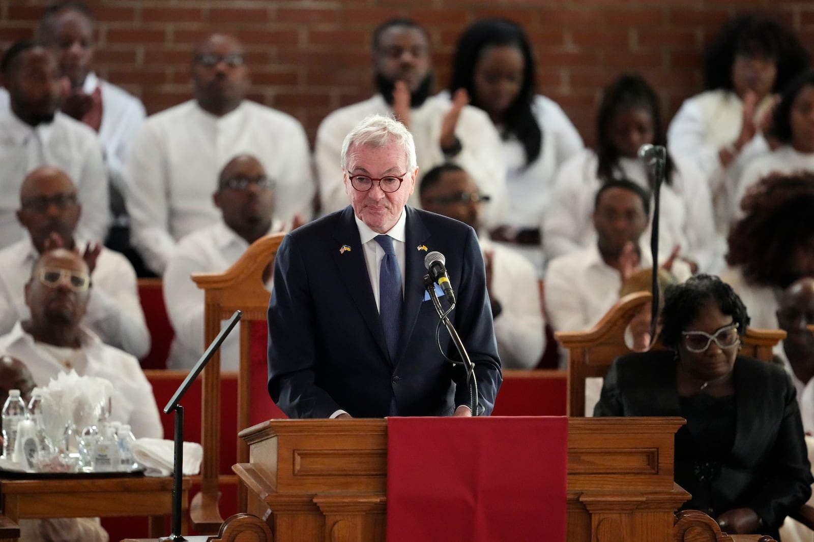 FILE - New Jersey Gov. Phil Murphy speaks during a ceremony celebrating the life of gospel singer Cissy Houston, at the New Hope Baptist Church in Newark, N.J., Oct. 17, 2024. (Photo by Charles Sykes/Invision/AP File)