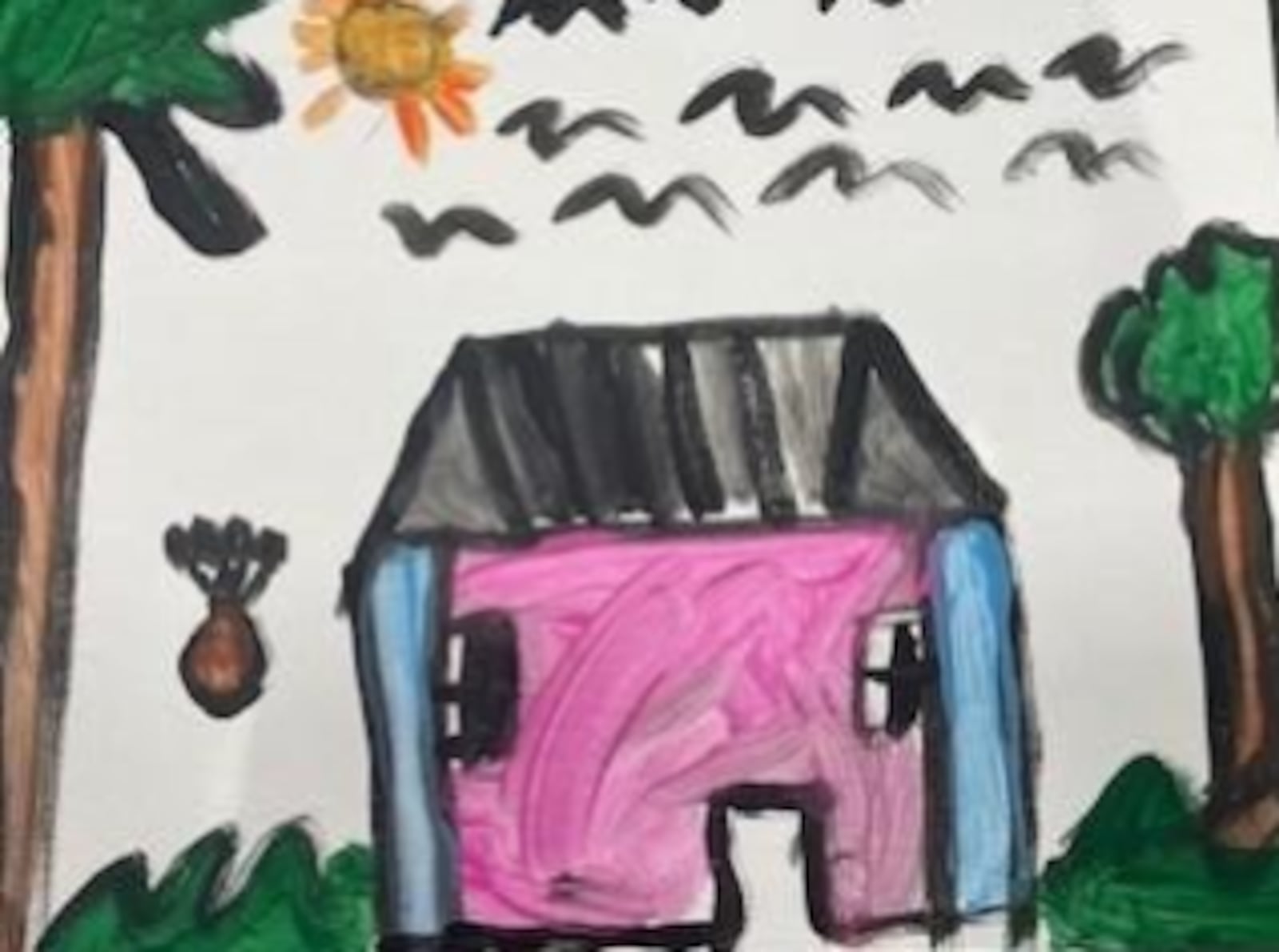 This image was created at a summer camp that took place last summer for children experiencing housing insecurity. It was a two-day workshop sponsored by the International Peace Museum. Children painted their dream houses. Over 100 children participated. PHOTO BY KATHERINE ROWELL