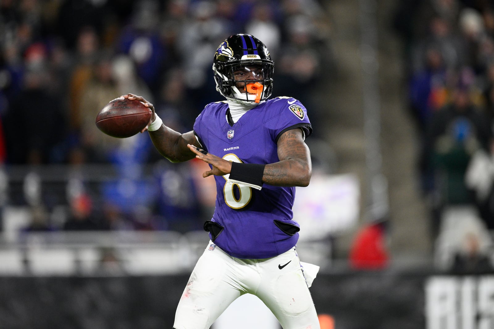 Baltimore Ravens quarterback Lamar Jackson throws during the first half of an NFL football game against the Cleveland Browns Saturday, Jan. 4, 2025, in Baltimore. (AP Photo/Nick Wass)