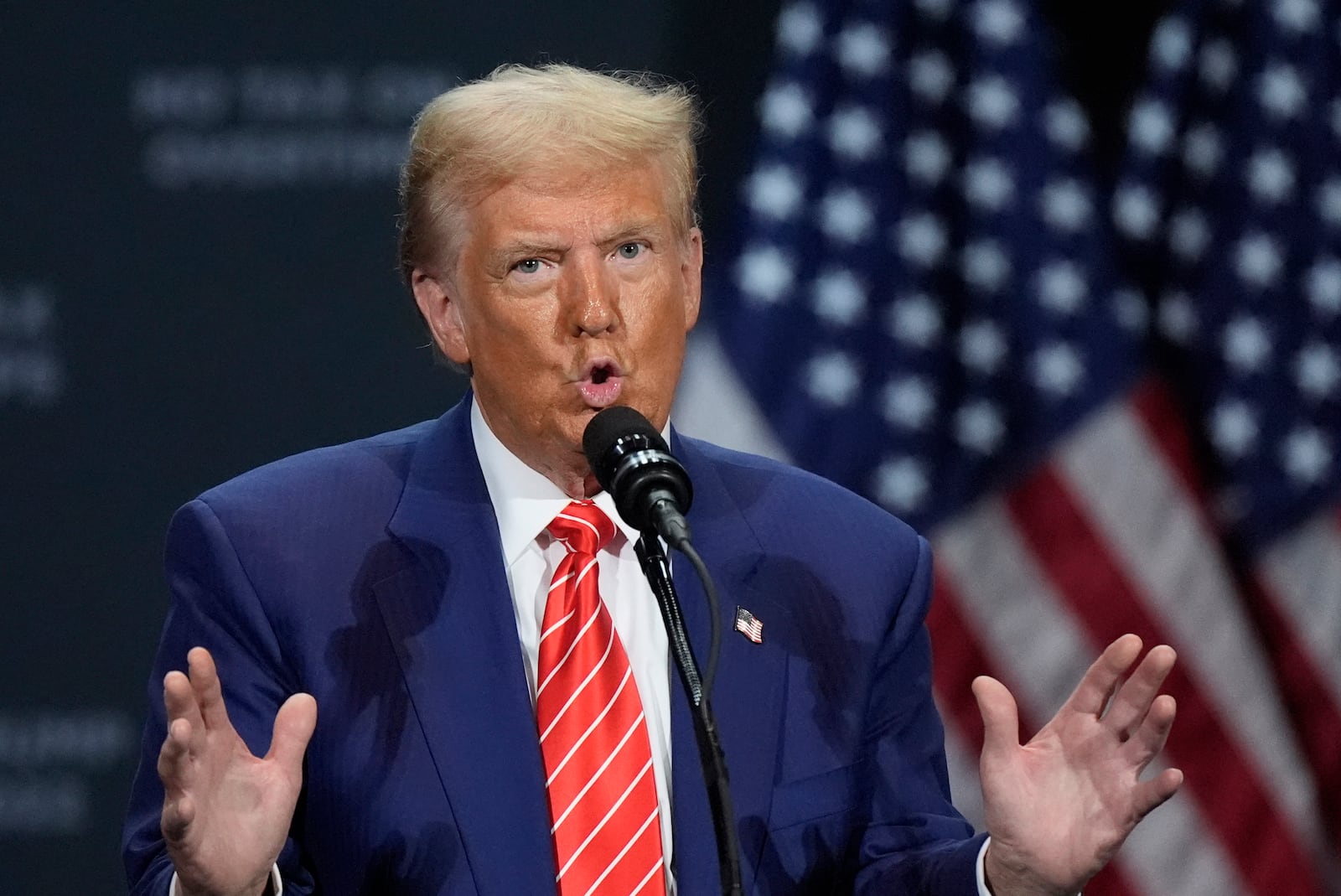 Republican presidential nominee former President Donald Trump speaks at a campaign event at the Cobb Energy Performing Arts Centre, Tuesday, Oct. 15, 2024, in Atlanta. (AP Photo/John Bazemore)