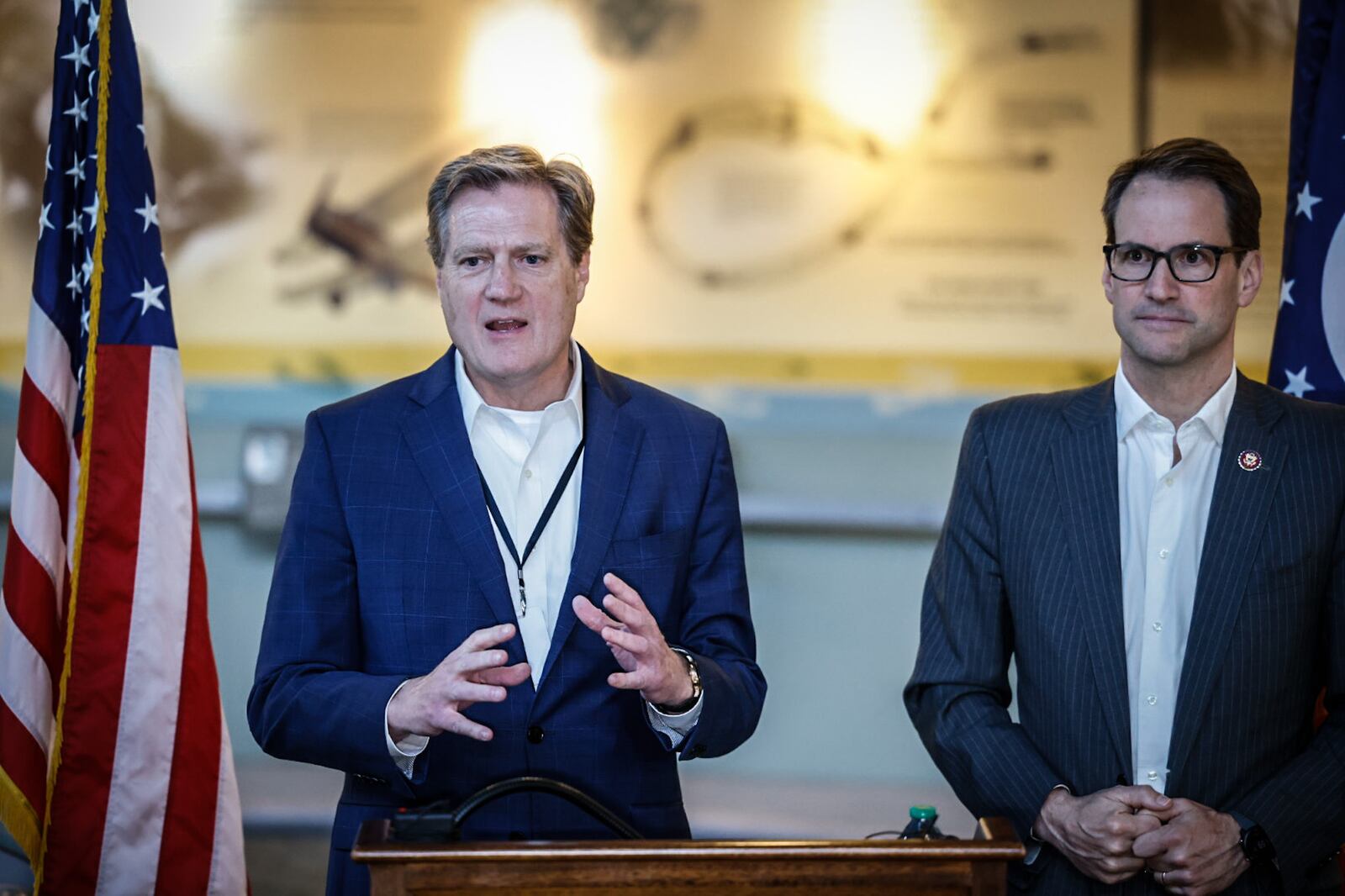 Intelligence Committee Chairman Mike Turner (left) and ranking member Jim Hines held a pre conference Thursday afternoon at the National Aviation Hall of Fame as part of a bipartisan retreat held at the base Thursday and Friday. Jim Noelker/Staff