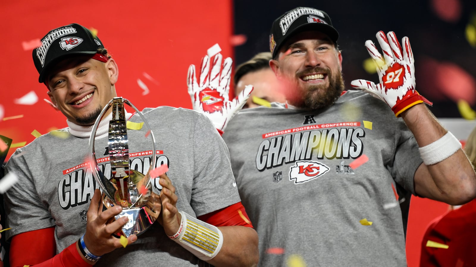 Kansas City Chiefs quarterback Patrick Mahomes and tight end Travis Kelce celebrate victory against the Buffalo Bills after the AFC Championship NFL football game, Sunday, Jan. 26, 2025, in Kansas City, Mo.(AP Photo/Reed Hoffmann)