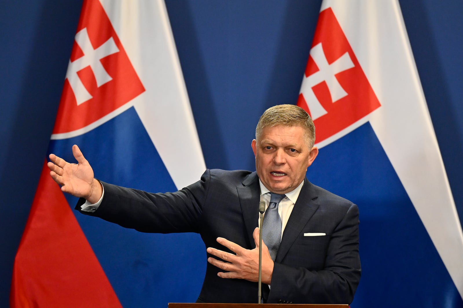 FILE - Slovakia's Prime Minister Robert Fico speaks during a press conference with Hungary's Prime Minister Viktor Orban at the Carmelite Monastery in Budapest, Hungary, Jan. 16, 2024. (AP Photo/Denes Erdos, File)