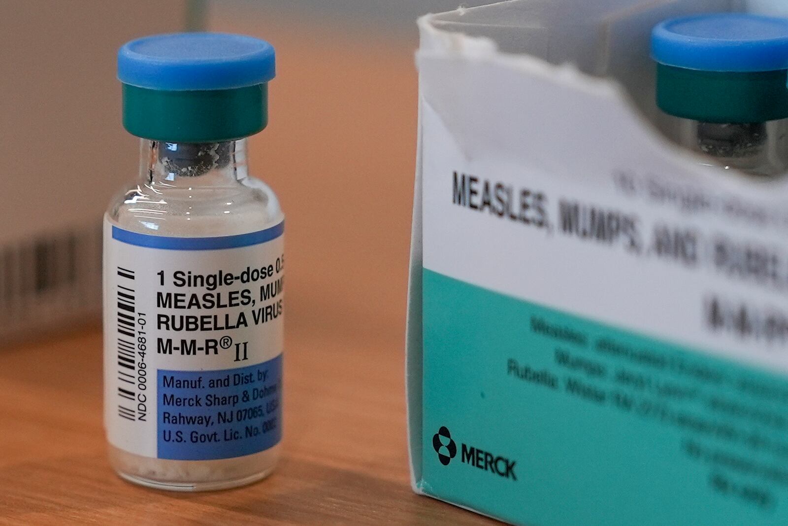 FILE - A vial of the measles, mumps and rubella vaccine is on display at the Lubbock Health Department Wednesday, Feb. 26, 2025, in Lubbock, Texas. (AP Photo/Mary Conlon, File)