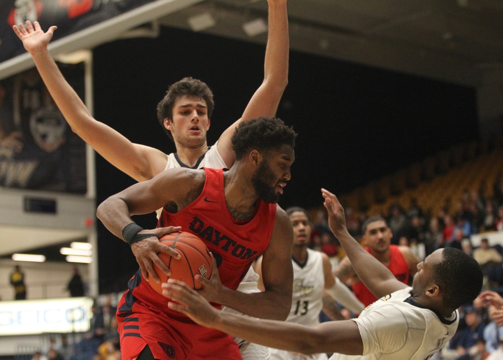 Dayton’s Josh Cunningham looks for a shot against George Washington on Wednesday, Jan. 9, 2019, at the Charles E. Smith Center in Washington, D.C.