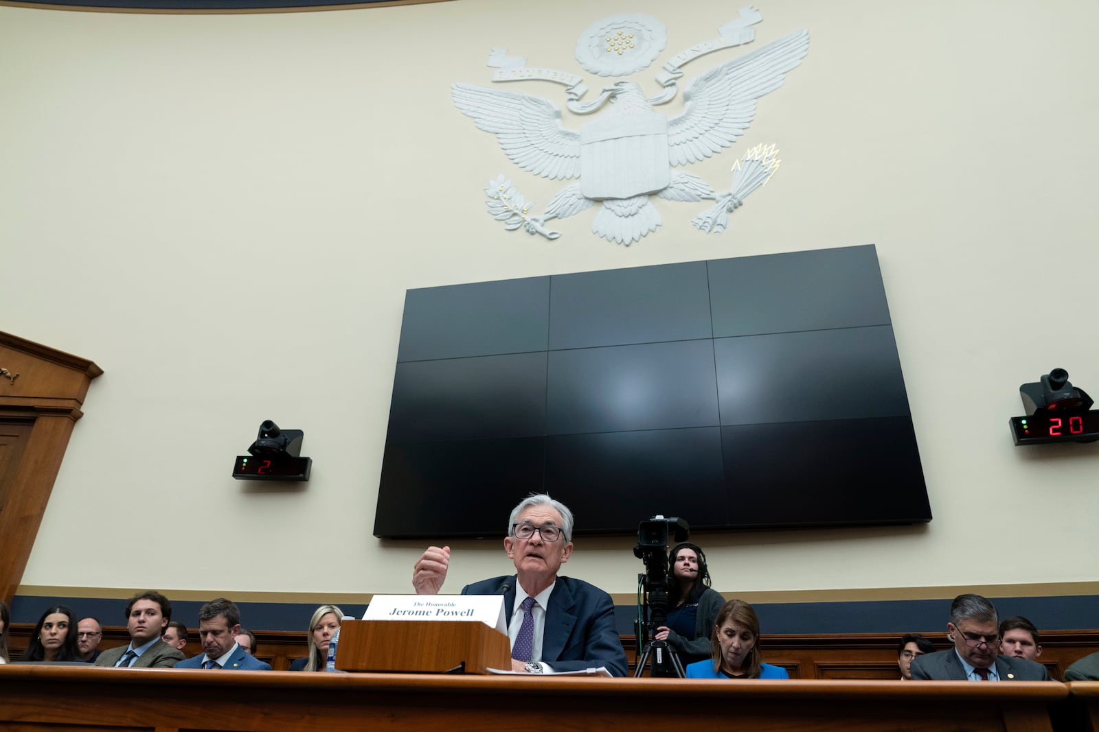 Federal Reserve Board Chairman Jerome Powell testifies before the House Financial Services Committee during a hearing on the Semi-Annual Monetary Policy Report, on Capitol Hill in Washington, Wednesday, Feb. 12, 2025. (AP Photo/Jose Luis Magana)