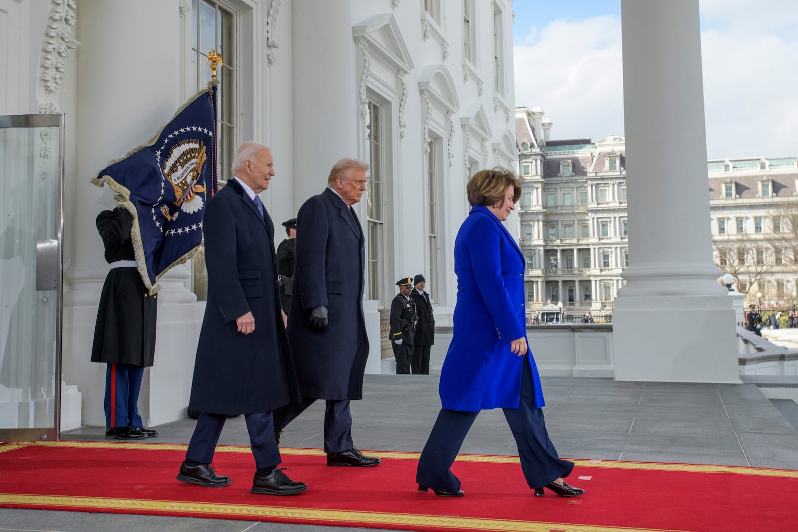 Sen. Amy Klobuchar, D-Minn.; President Joe Biden; and President-elect Donald Trump depart the White House for the Capitol, Monday, Jan. 20, 2025, in Washington. (AP Photo/Rod Lamkey, Jr.)