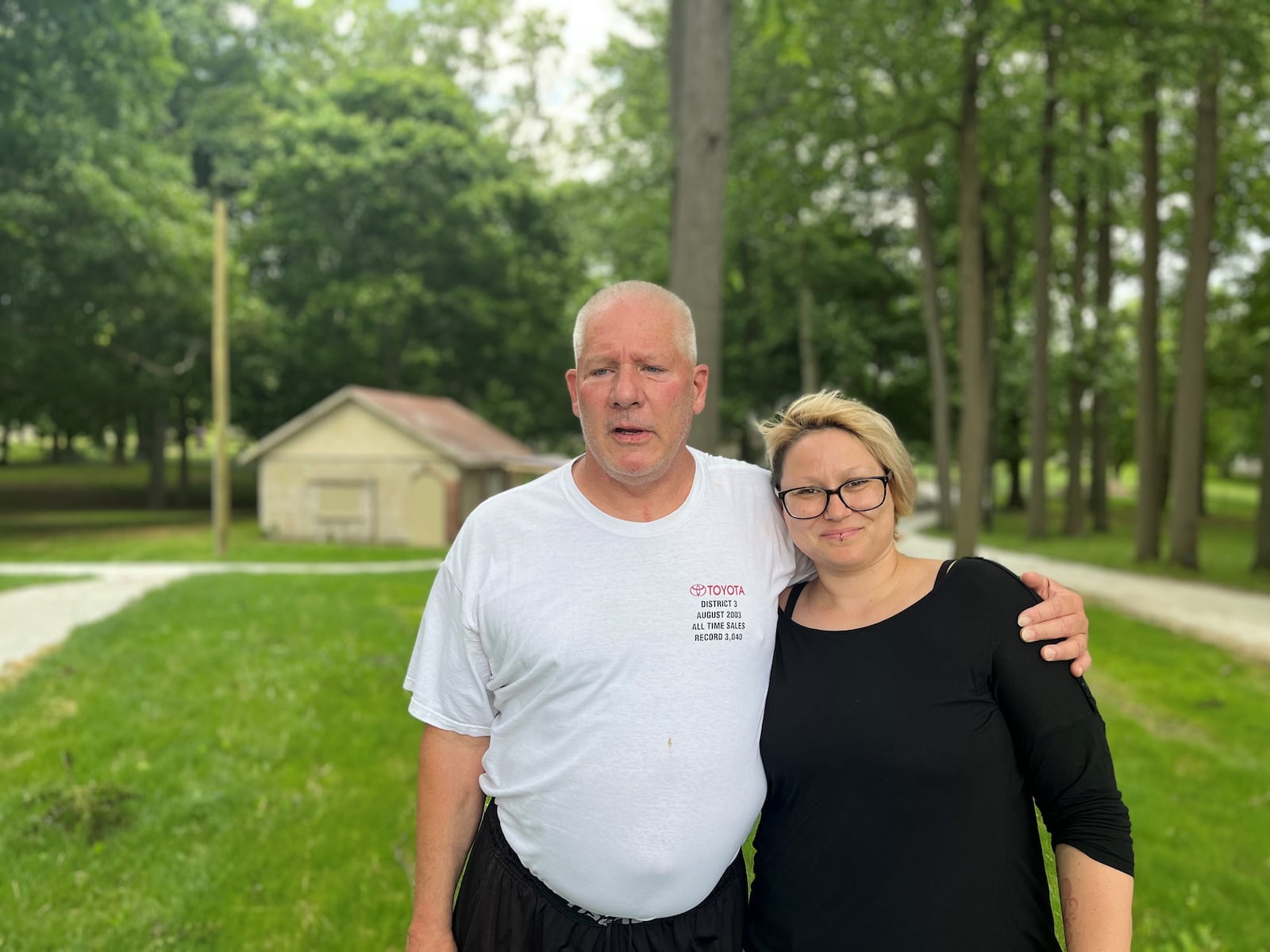 Butch Richardson and Emily Broyles, members of Friends of Deeds Point Dog Park, at the new dog park near Triangle Park. CORNELIUS FROLIK / STAFF