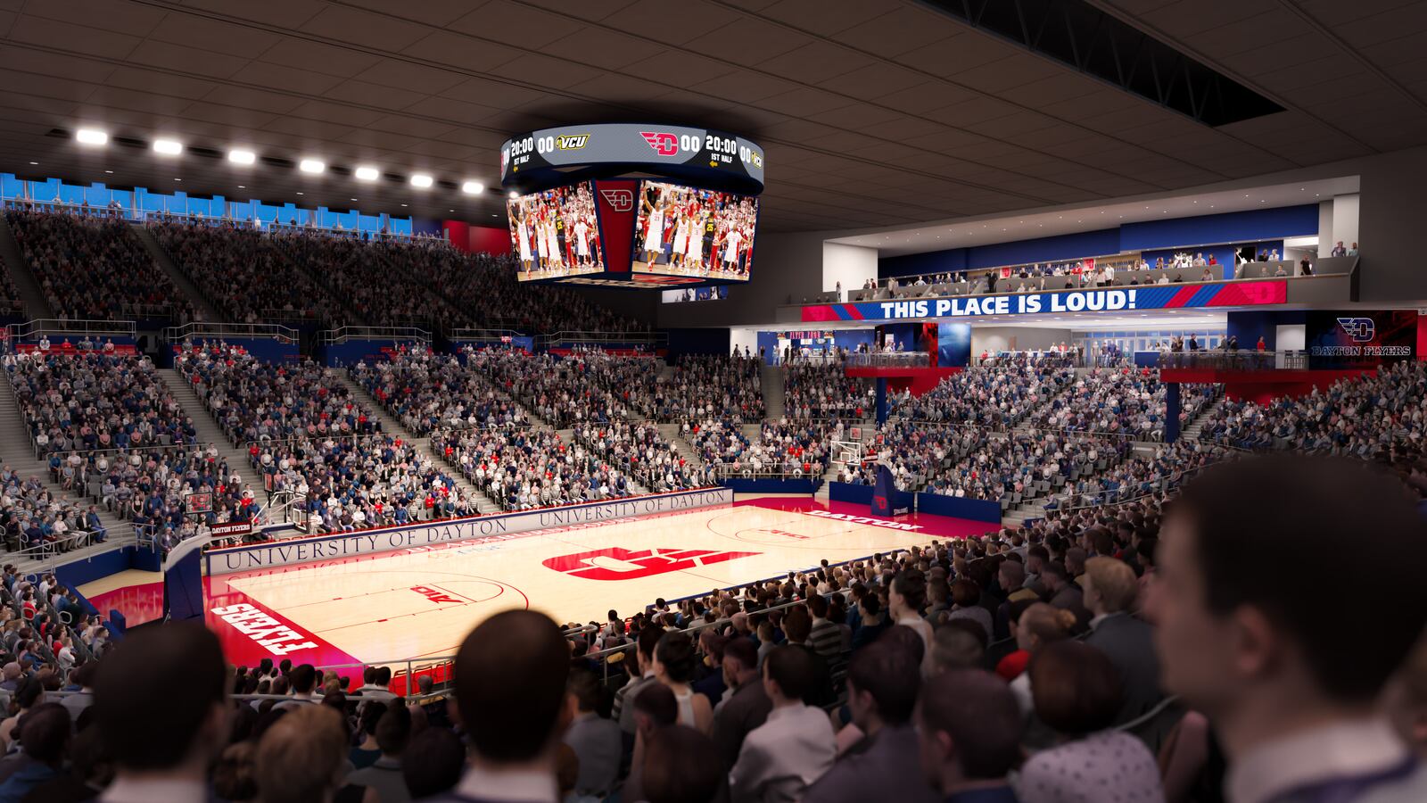 Renderings of proposed renovations to UD Arena. The $72 million in renovations will feature new premier seating, an expanded concourse and changes to the building’s exterior. CONTRIBUTED