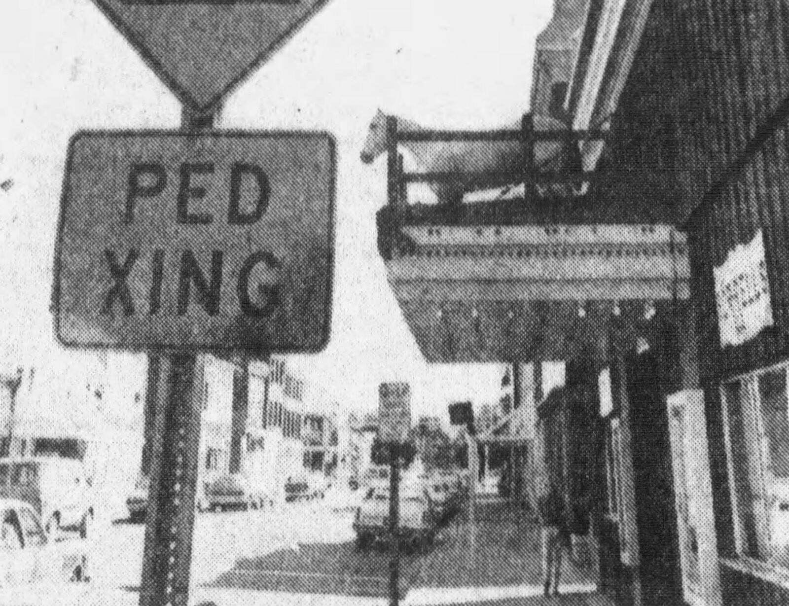 A life-size statue of a horse sat atop the marquee of Sor-rell's western store, which is once again the Plaza Theatre, in this photo from a 1983 Dayton Daily News. DAYTON DAILY NEWS ARCHIVES