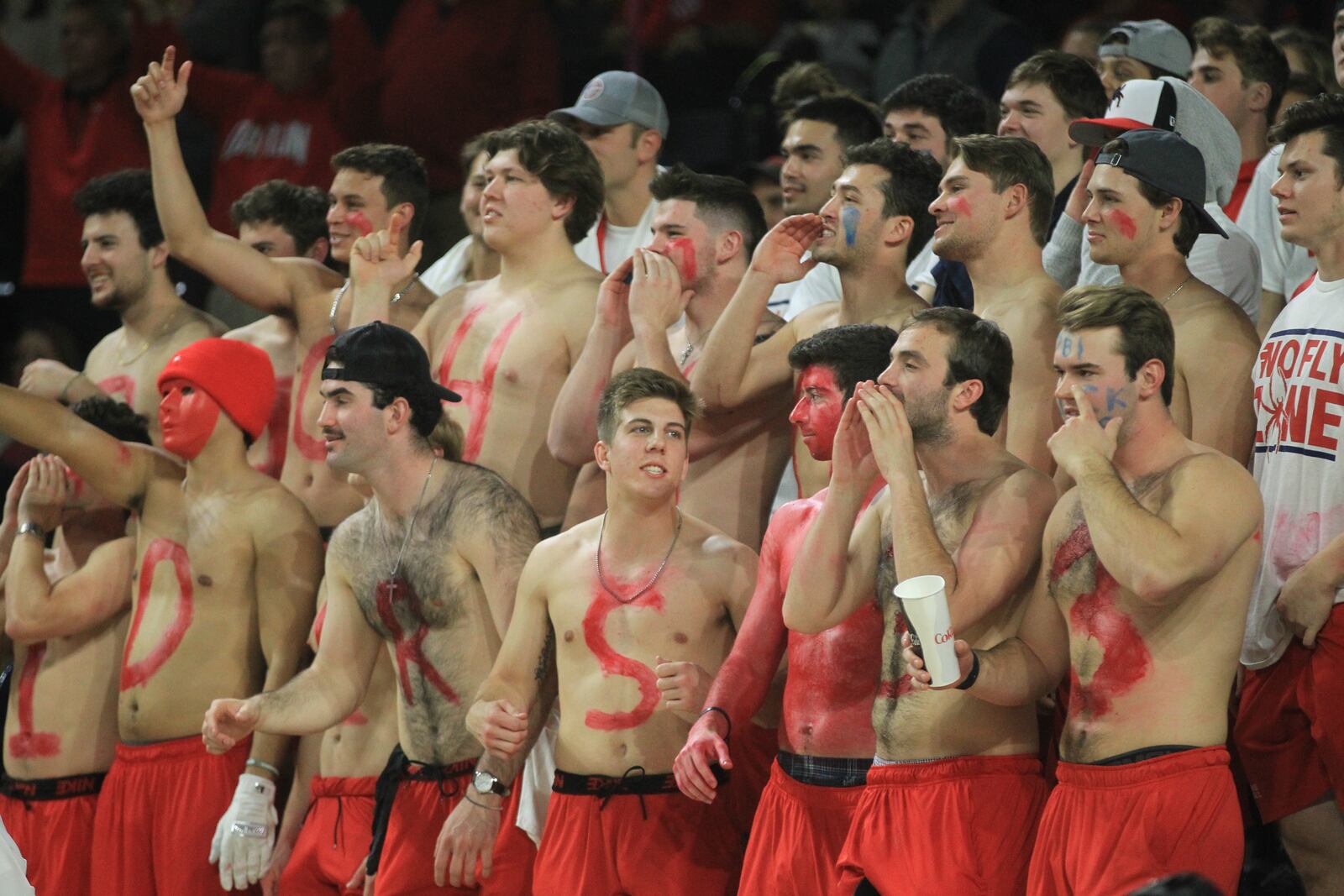 Fans in the Richmond student section cheer during a game against Dayton on Saturday, Jan. 25, 2020, at the Robins Center in Richmond, Va.