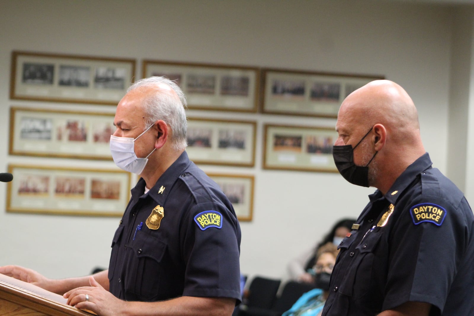 Dayton police Chief Kamran Afzal and Major Paul Saunders at a city commission meeting. CORNELIUS FROLIK / STAFF