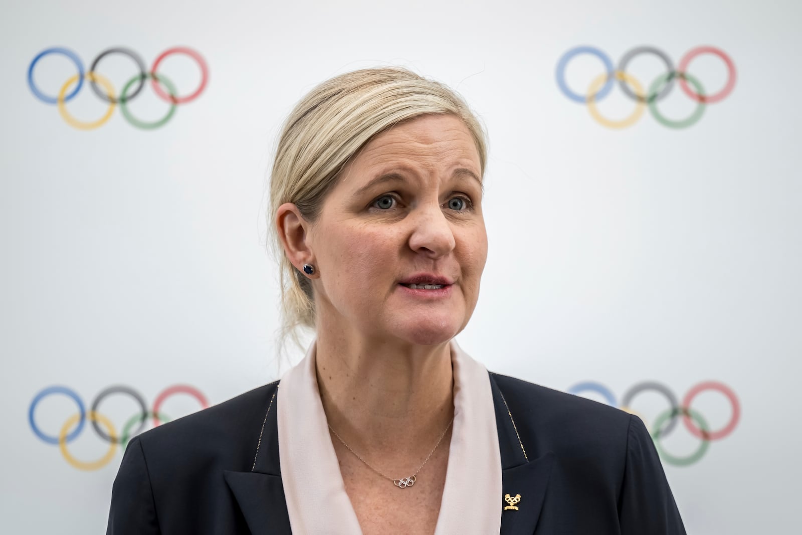 Candidate to the presidency of the International Olympic Committee (IOC) Kirsty Coventry speaks during a press conference following a presentation before their fellow IOC members in Lausanne, Switzerland, Thursday, Jan 30, 2025 (Fabrice Coffrini/Pool Photo via AP)