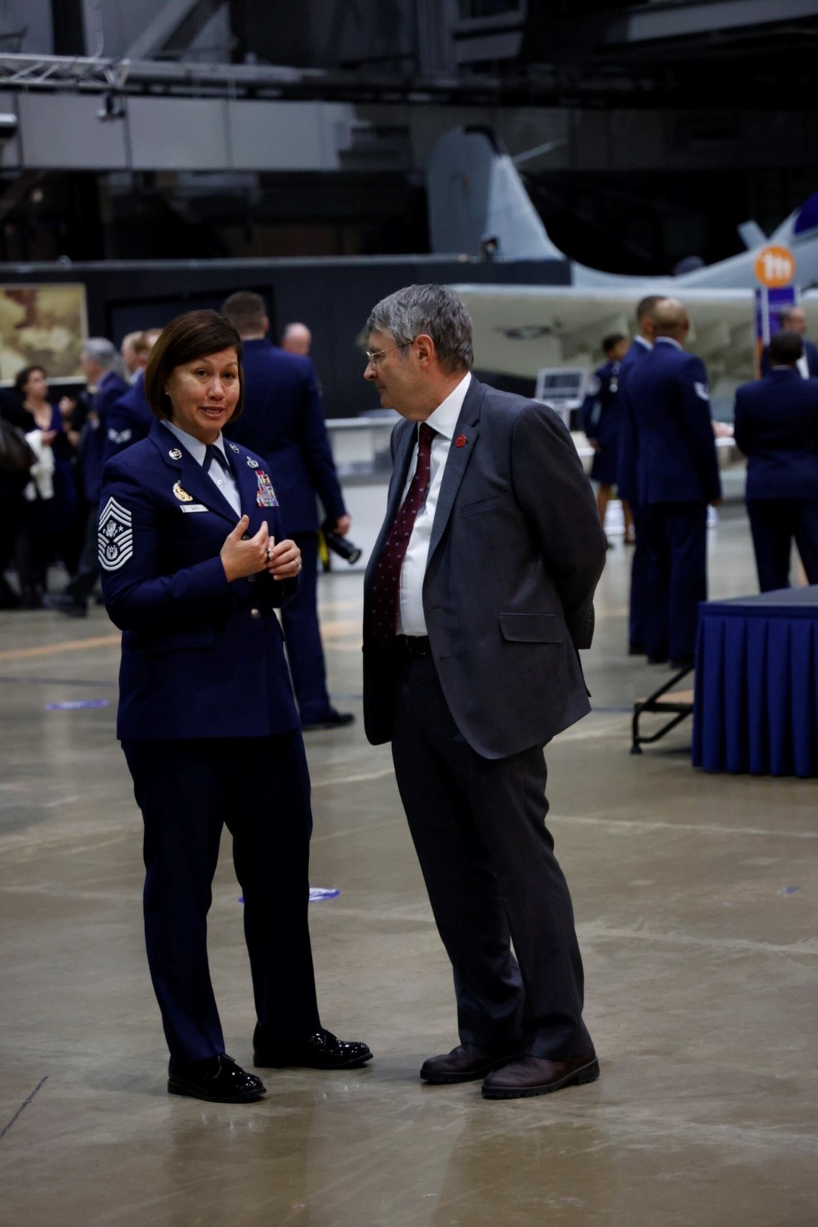 JoAnne Bass, chief master sergeant of the Air Force, speaking with David Tillottson III, director of the National Museum of the U.S. Air Force Thursday. Photo courtesy of Ty Greenlees/U.S. Air Force.