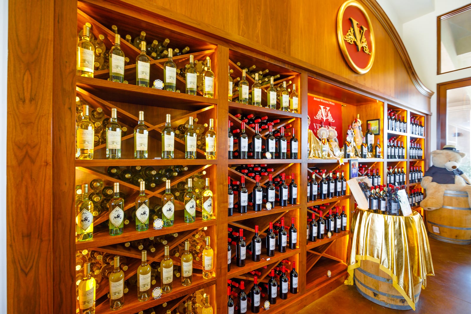 Rows of Cabernet Sauvignon and Cabernet Franc bottles, white and red, inside Vincent Vineyards and Winery. (Dreamstime/TNS)