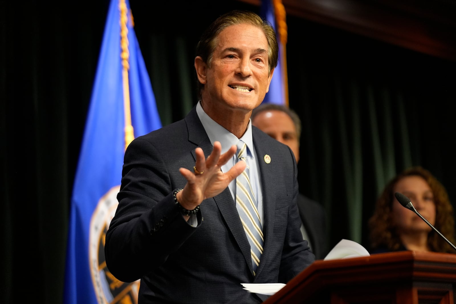 Los Angeles County District Attorney Nathan Hochman talks about the resentencing of Erik and Lyle Menendez for the murders of their parents decades ago, during a news conference in Los Angeles, Monday, March 10, 2025. (AP Photo/Damian Dovarganes)