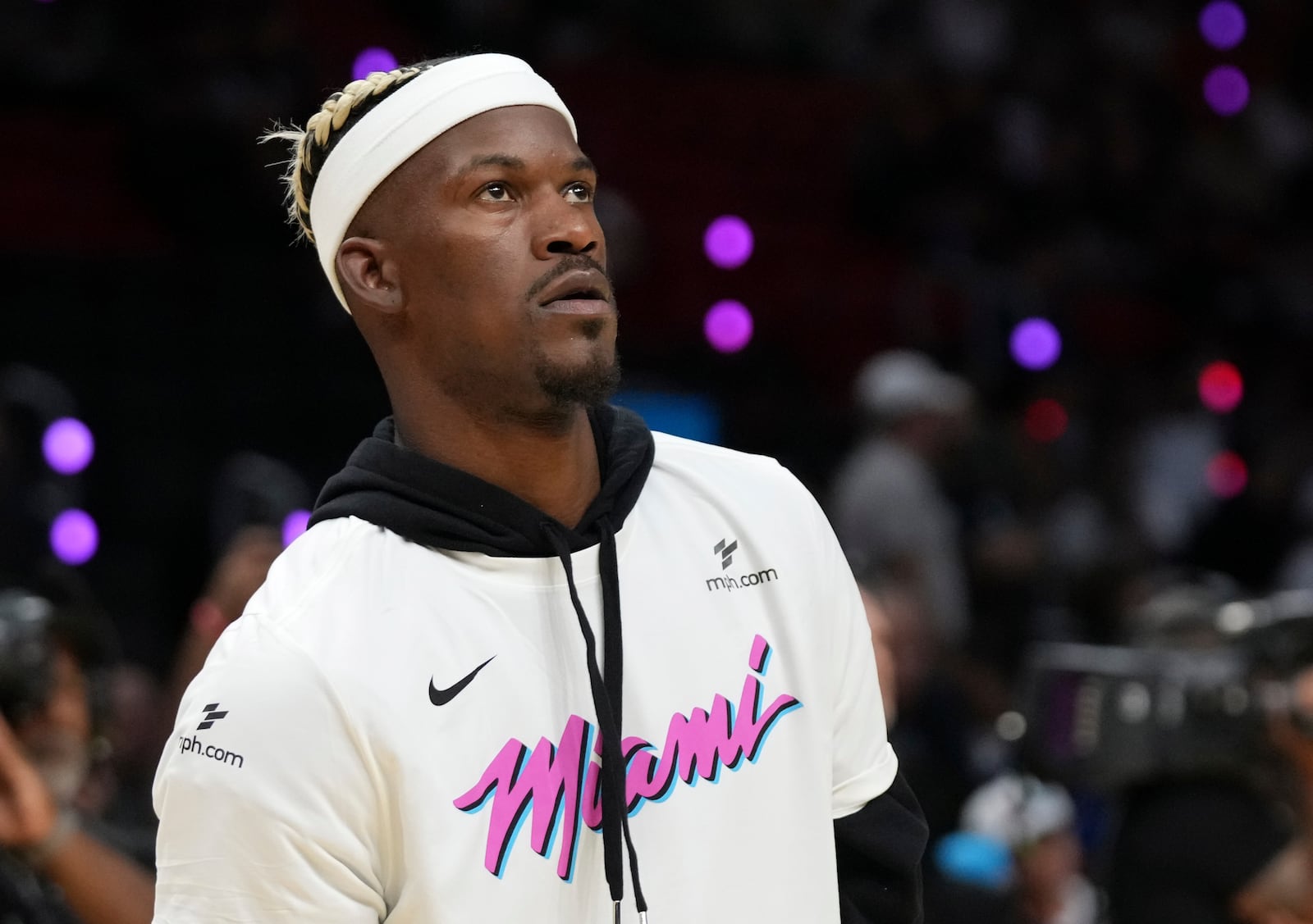 Miami Heat forward Jimmy Butler warms up before an NBA basketball game against the Denver Nuggets, Friday, Jan. 17, 2025, in Miami. (AP Photo/Lynne Sladky)