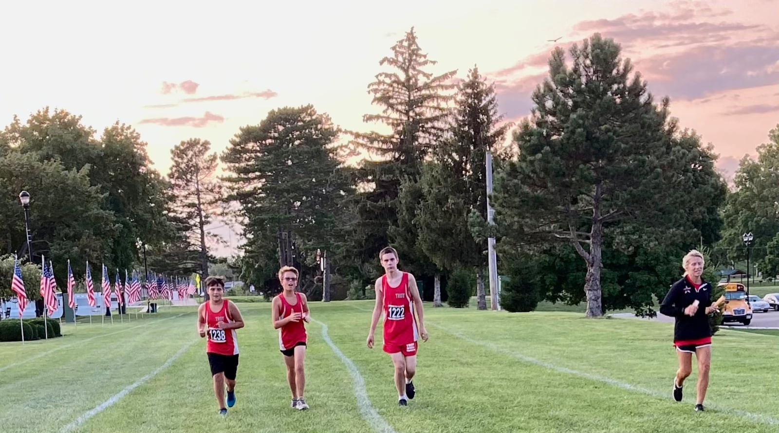 Logan Edens, third from left, of the Troy Junior High School cross country team, runs in his first race in Troy in September 2021. Photo courtesy of Liz Edens