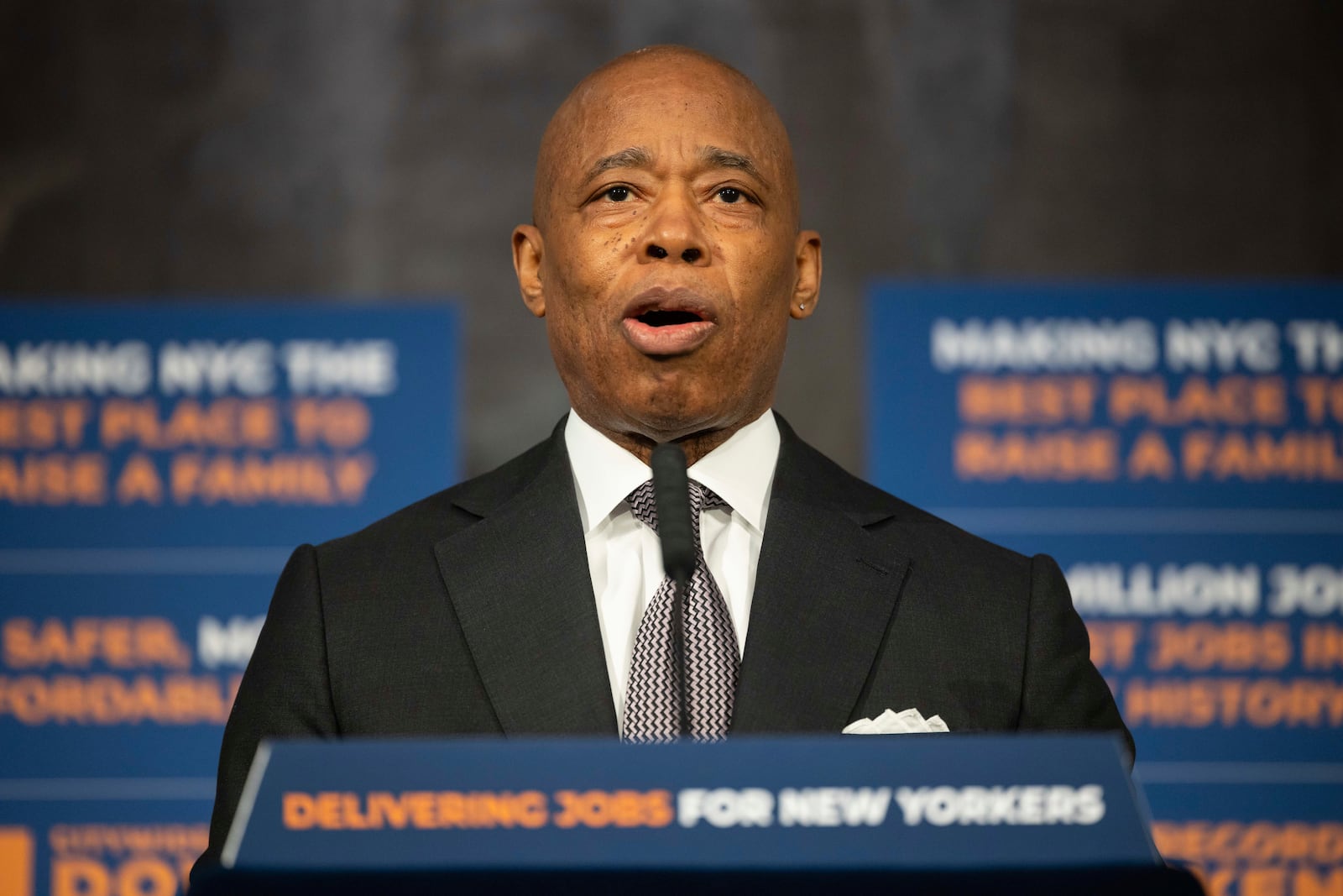 New York City Mayor Eric Adams speaks during a press conference at City Hall, Wednesday, Feb. 5, 2025, in New York. (AP Photo/Yuki Iwamura)