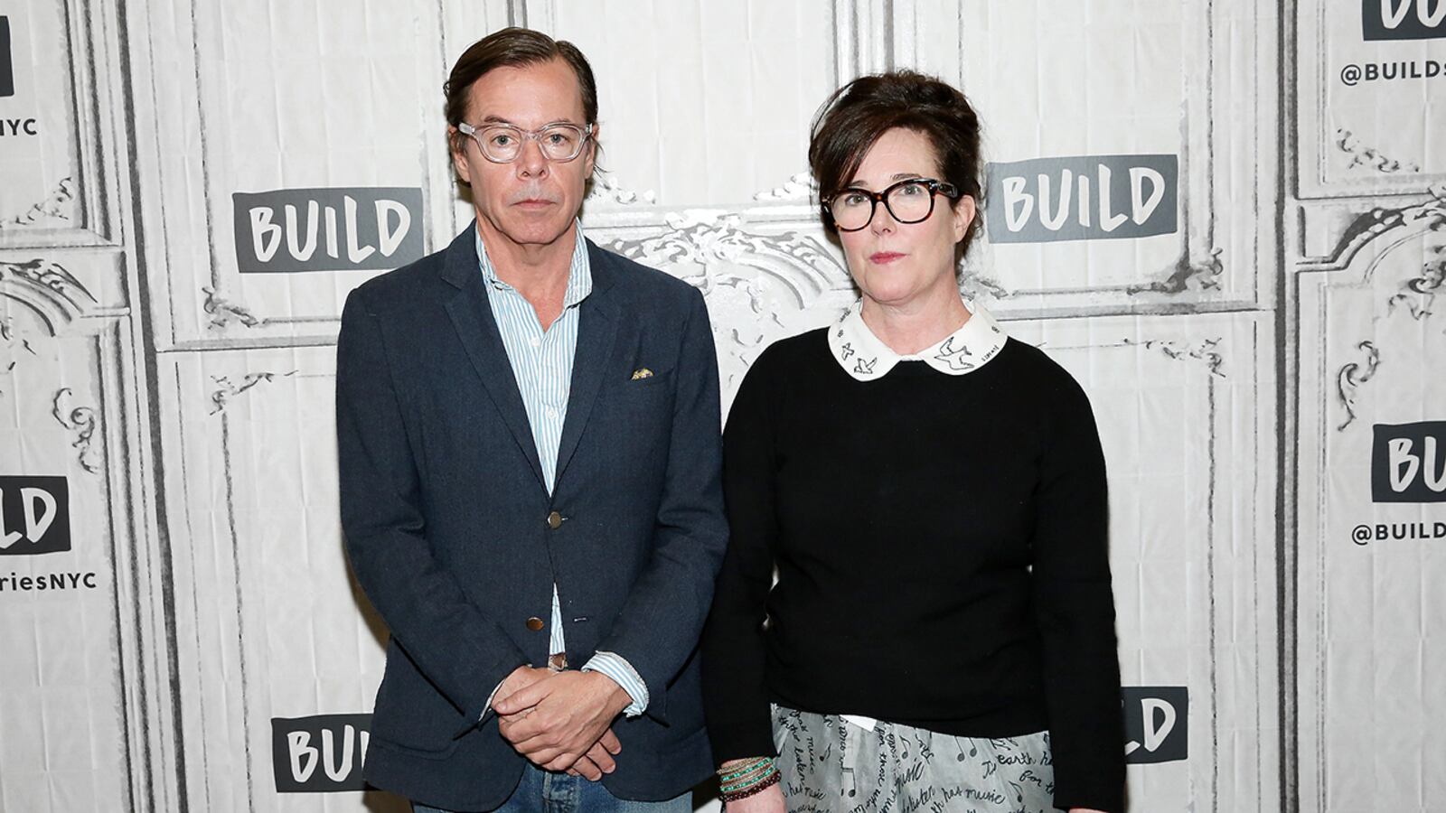 Andy Spade (L) and Kate Spade attend Build Series Presents Kate Spade and Andy Spade Discussing Their Latest Project Frances Valentine at Build Studio on April 28, 2017 in New York City. Kate Spade was found dead of an apparent suicide in 2018.  (Photo by Monica Schipper/WireImage)