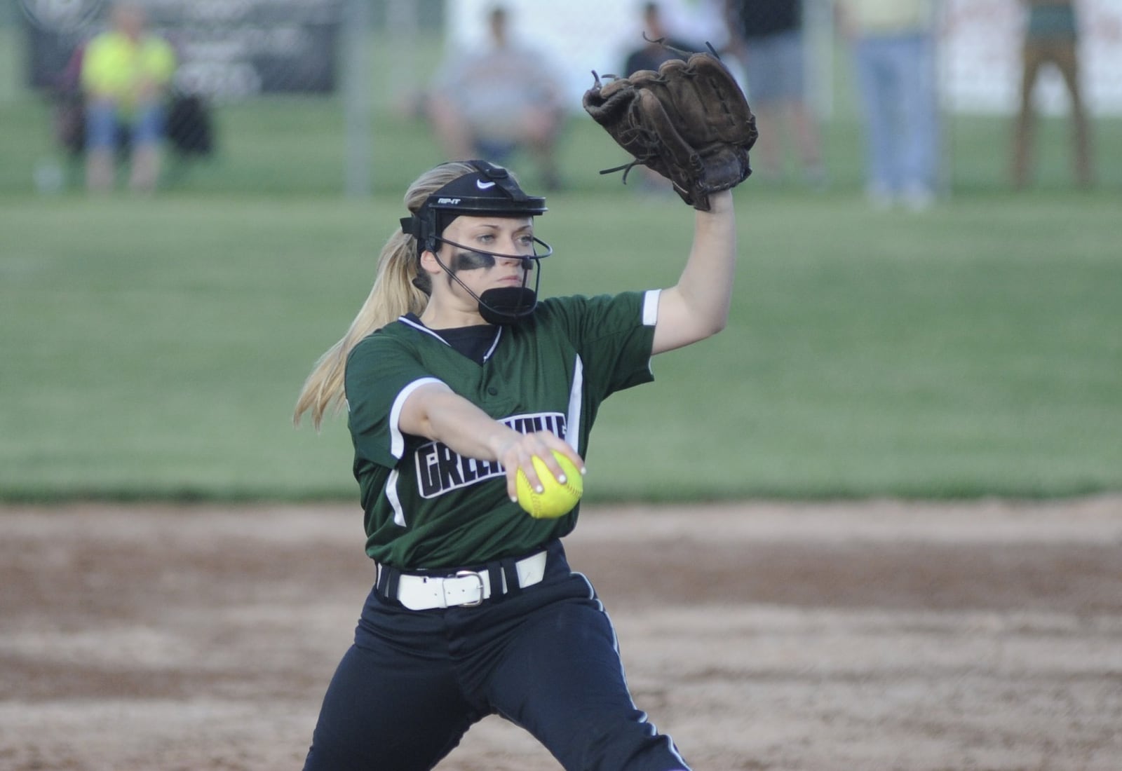 Greenville pitcher Grace Shaffer delivers. Greenville defeated Carroll 7-1 in a D-II sectional final at Tipp City on Tue., May 15, 2018. MARC PENDLETON / STAFF