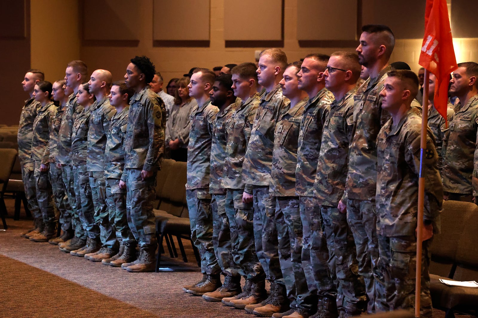 Members of the Ohio Army National Guard's 1137th Signal Company participated is a Call to Duy Ceremony Friday, Feb. 12, 2024 at the First Christian Church. The company is being deployed for nine months is support of U.S. Central Command. BILL LACKEY/STAFF