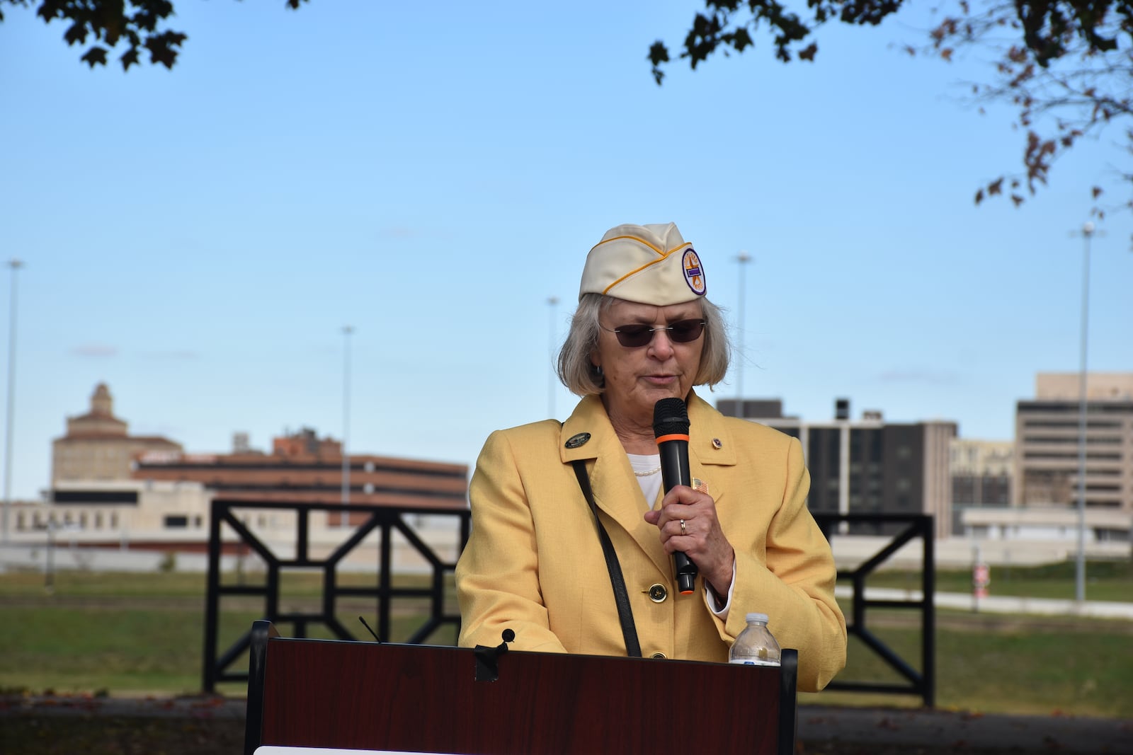 Cindy LaPointe-Dafler speaks at a groundbreaking for a new Medal of Honor memorial in West Dayton on Thursday, Nov. 7, 2024. LaPointe-Dafler's husband, Joseph Guy LaPointe Jr., was awarded the Medal or Honor for giving his life to try to save others during the Vietnam War. CORNELIUS FROLIK / STAFF