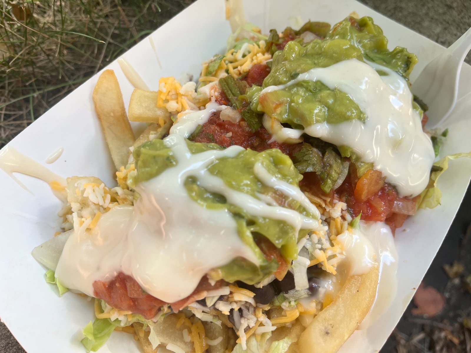 Veggie nacho fries with beans, queso, shredded cheese, lettuce, salsa, queso and guac from El Meson's food truck. NATALIE JONES/STAFF