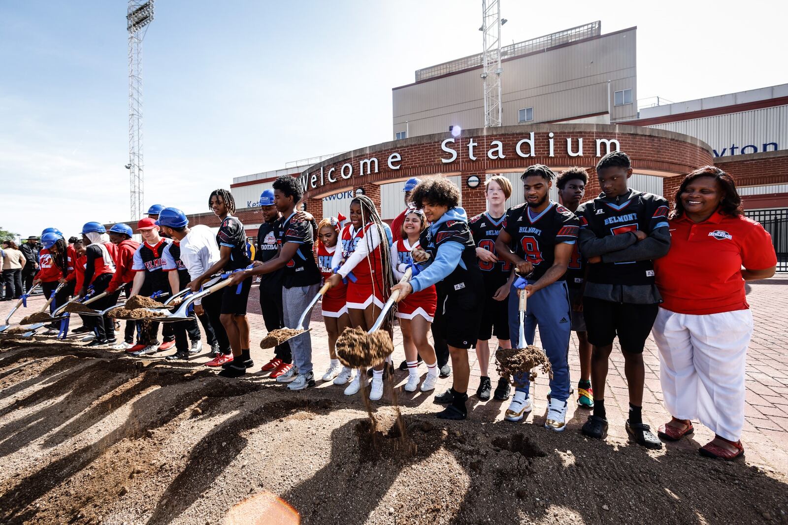 Belmont High School athletes broke ground Wednesday afternoon on the Welcome Stadium renovation projects. The renovation will upgrade the facility, replace the track and field, improve accessibility. JIM NOELKER/STAFF