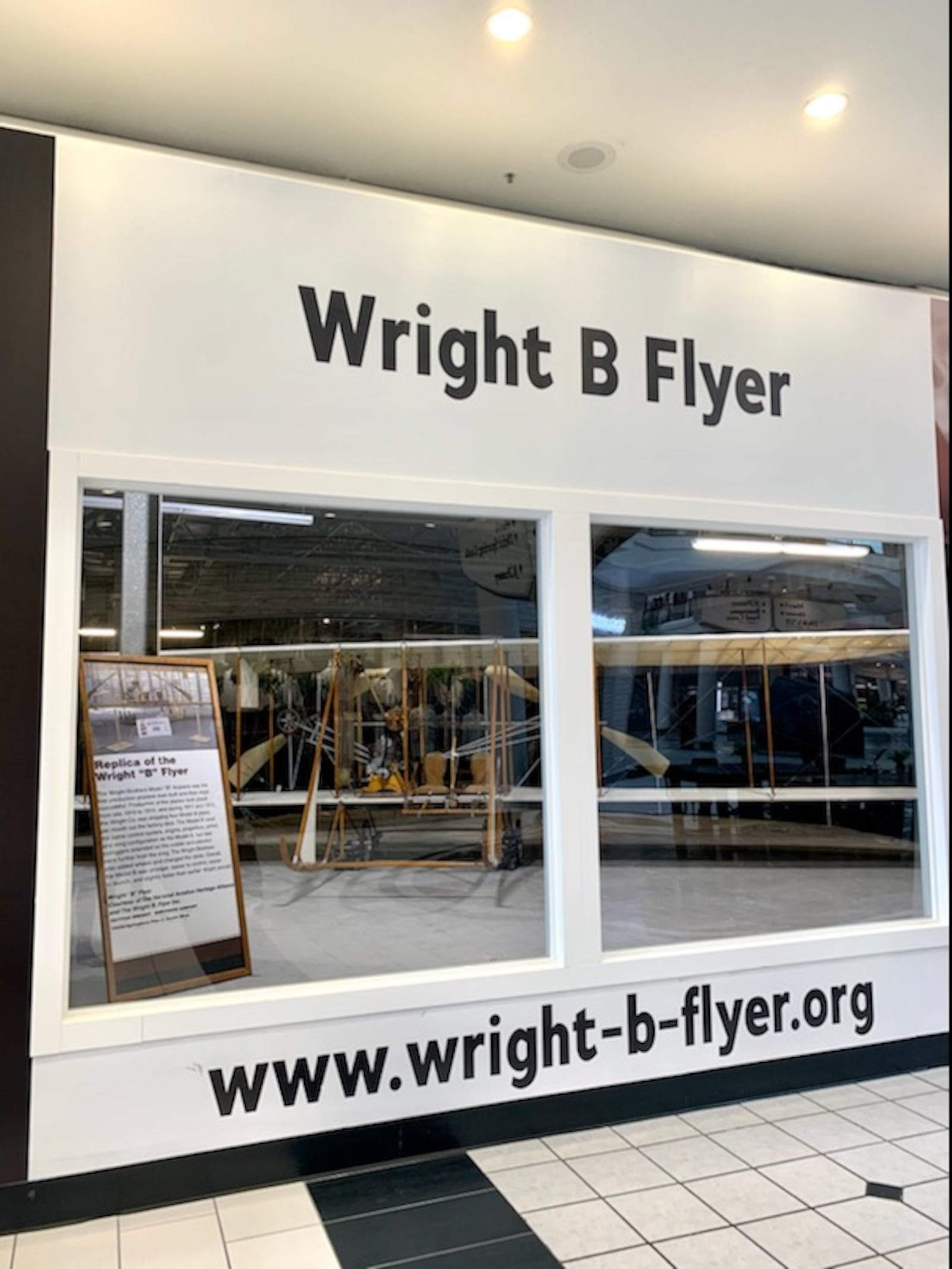 The Wright B. Flyer exhibit located at the main entrance inside of the Mall at Fairfield Commons.