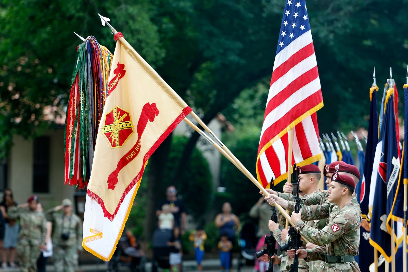 FILE - An honor guard displays the colors of Fort Bragg as a part of the ceremony to rename Fort Bragg, June 2, 2023 in Fort Liberty, N.C. (AP Photo/Karl B DeBlaker, File)