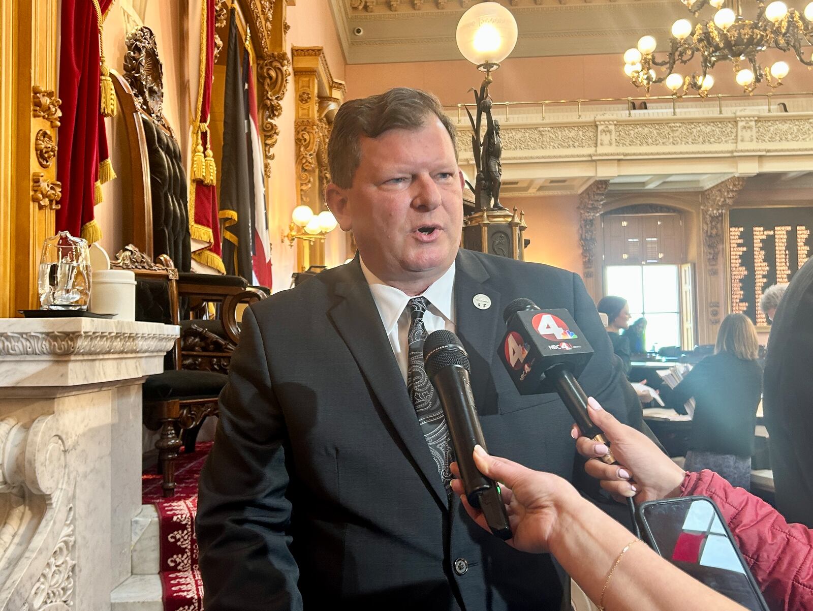 Ohio House Speaker Jason Stephens, R-Kitts Hill, answers questions from reporters after session on May 8, 2024.