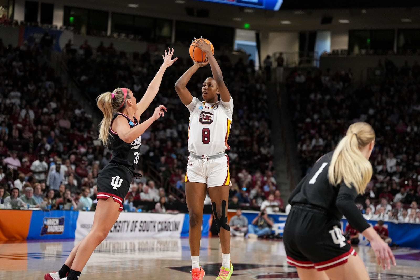 South Carolina forward Joyce Edwards (8) looks to shoot against Indiana during the first half in the second round of the NCAA college basketball tournament, Sunday, March 23, 2025, in Columbia, S.C. (AP Photo/David Yeazell)