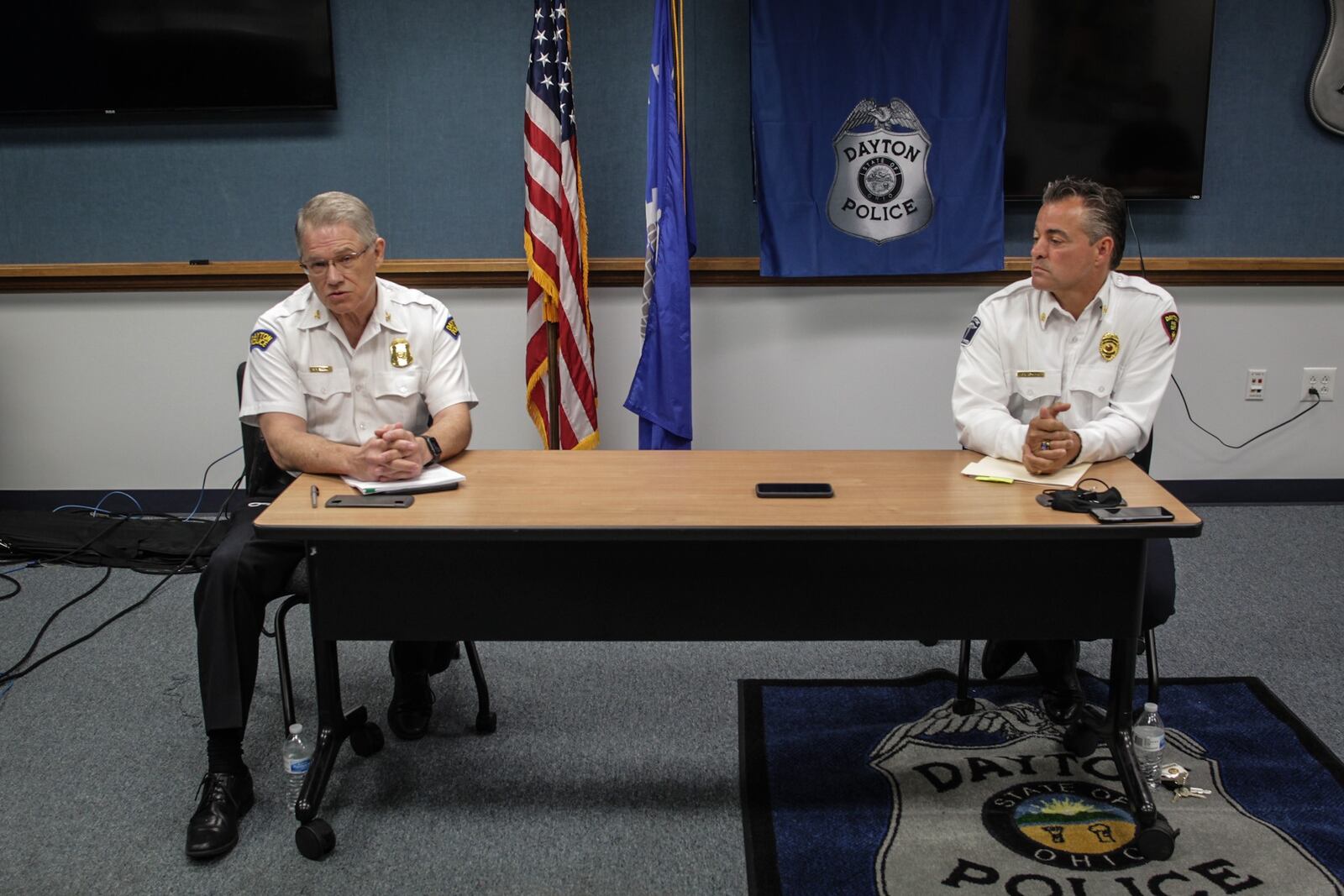 Reflecting on the one-year anniversary of the Oregon District shooting, Dayton Police Chief Richard Biehl, left and City of Dayton Fire Chief Jeff Lykins. JIM NOELKER/STAFF