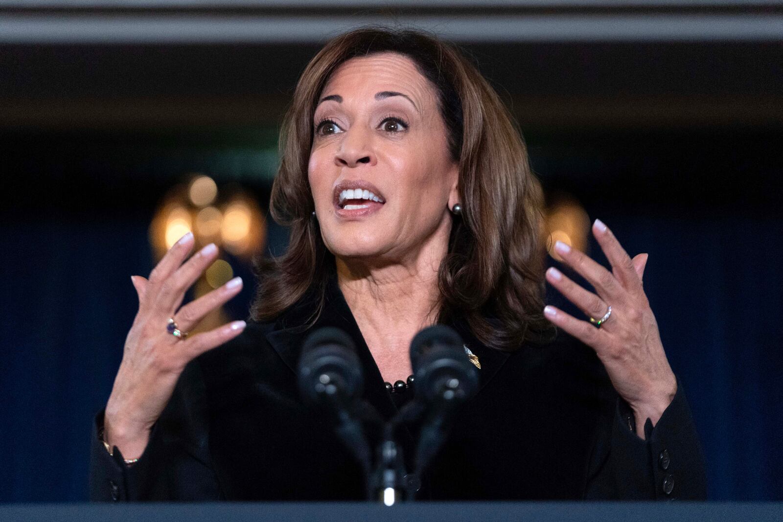 FILE - Vice President Kamala Harris speaks at the Democratic National Committee's Holiday Reception at Willard Hotel in Washington, Dec. 15, 2024. (AP Photo/Jose Luis Magana, File)