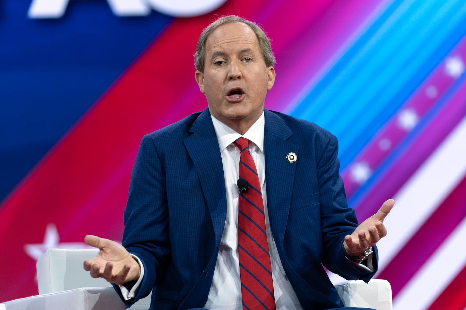 FILE - Texas Attorney General Ken Paxton speaks during the Conservative Political Action Conference, CPAC 2024, at the National Harbor in Oxon Hill, Md., Friday , Feb. 23, 2024. (AP Photo/Jose Luis Magana, File)