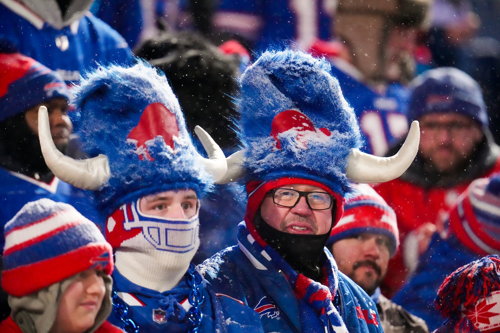 Buffalo Bills fans waits for the start of an NFL divisional playoff football game between the Buffalo Bills and the Baltimore Ravens, Sunday, Jan. 19, 2025, in Orchard Park, N.Y. (AP Photo/Gene J. Puskar)